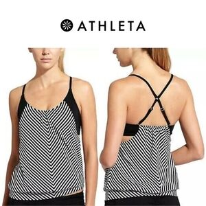 Athleta 34D Black Slash Stripe Layered Tankini Swimsuit Top